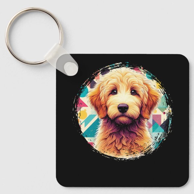 Cute Portrait Goldendoodle Dog on Golden Doodle Lo Keychain (Front)