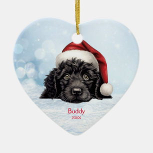 Cute Portuguese Water Dog Santa Hat Personalized Ceramic Ornament