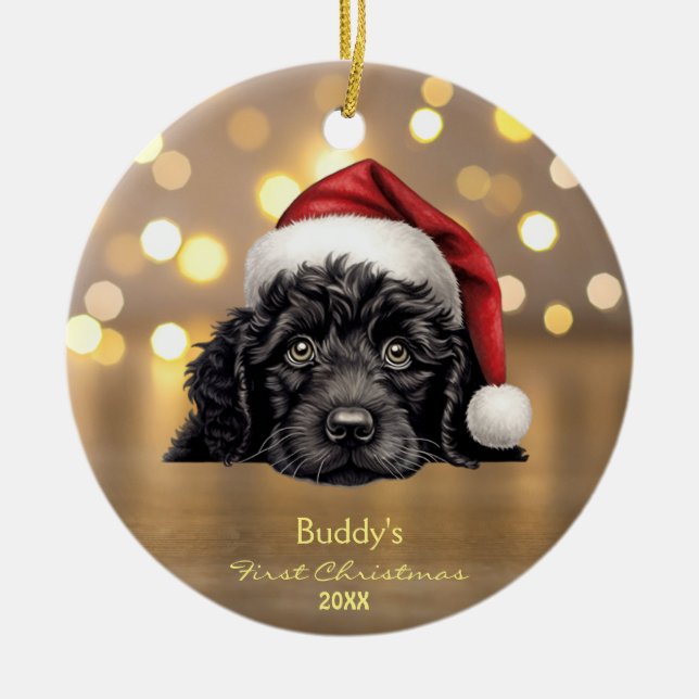 Cute Portuguese Water Dog Santa Hat Personalized  Ceramic Ornament (Front)