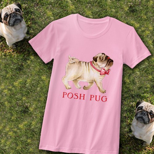 Cute posh pug whimsy in red bow tie dog watercolor T_Shirt