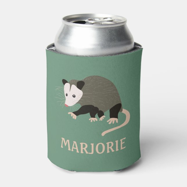 Cute Possum Illustration Light Green Personalized Can Cooler (Can Front)