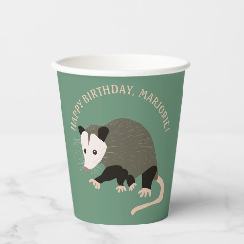 Cute Possum Illustration Light Green Personalized Paper Cups