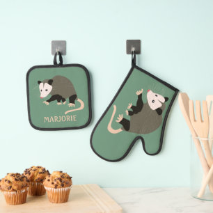 Cute Possum on Green Personalized Oven Mitt & Pot Holder Set