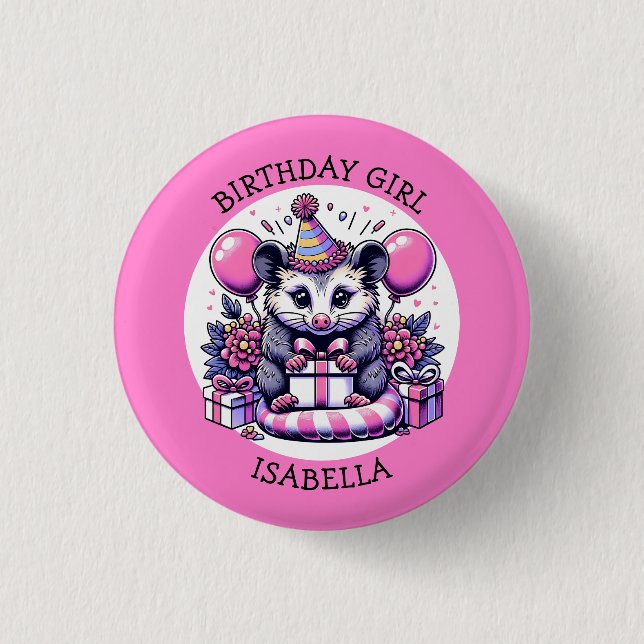 Cute Possum Personalized Girl's Birthday Girl Button (Front)