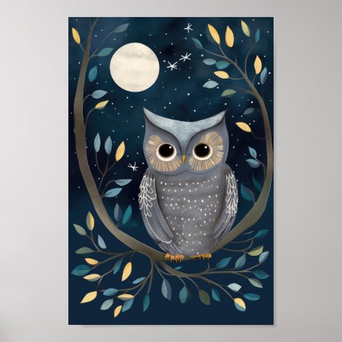 Cute poster of a owl sleeping under the Moon and S