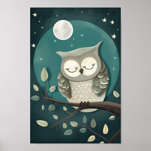 Cute poster of a owl sleeping under the Moon and S