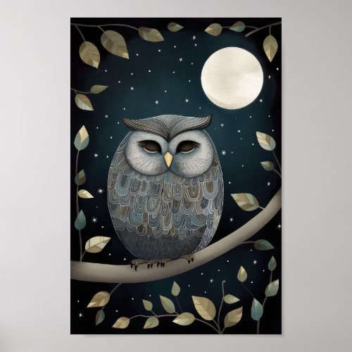 Cute poster of a owl sleeping under the Moon and S