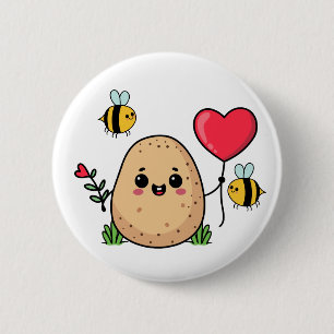 Cute Potato. Red Heart Balloon and Kawaii Bees Button