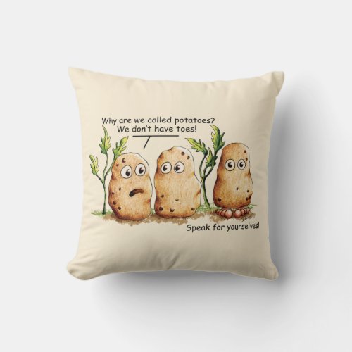 Cute Potatoes has Toes Funny Potato Pun Brown Throw Pillow