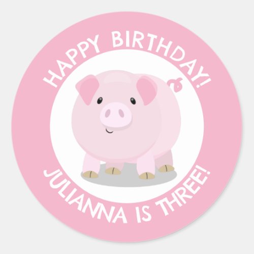 Cute potbelly pig cartoon personalized birthday classic round sticker