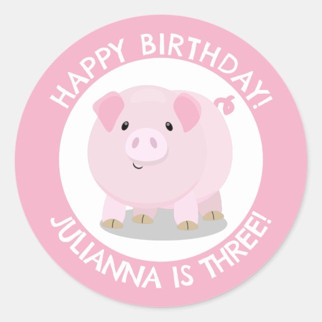 Cute potbelly pig cartoon personalized birthday classic round sticker (Front)