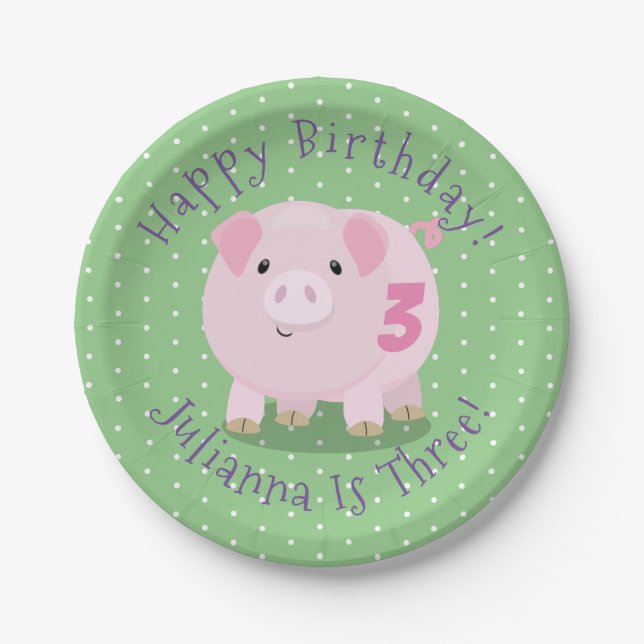 Cute potbelly pig cartoon personalized birthday paper plates (Front)