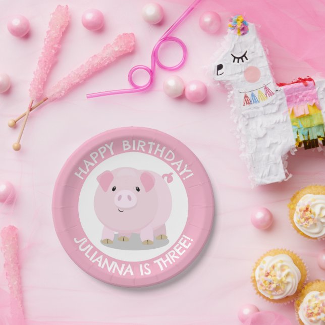 Cute potbelly pig cartoon personalized birthday paper plates (Party)