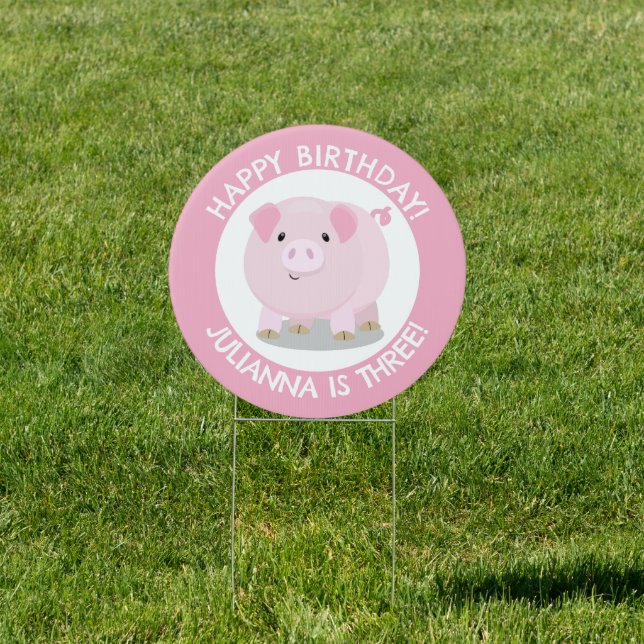 Cute potbelly pig cartoon personalized birthday sign (Insitu)