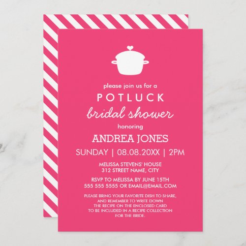 Cute Potluck Bridal Shower  Hot Pink White Invitation