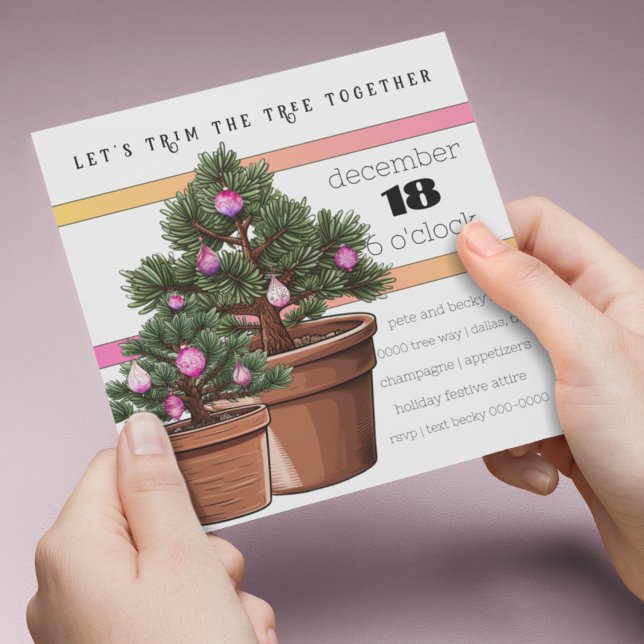 Cute Potted Holiday Trees with Pink Baubles Party Invitation (Cute mini pine trees in pots decorated with festive pink holiday ornaments. )