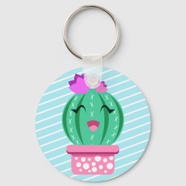 Cute Potted Kawaii Round Cactus Keychain (Front)