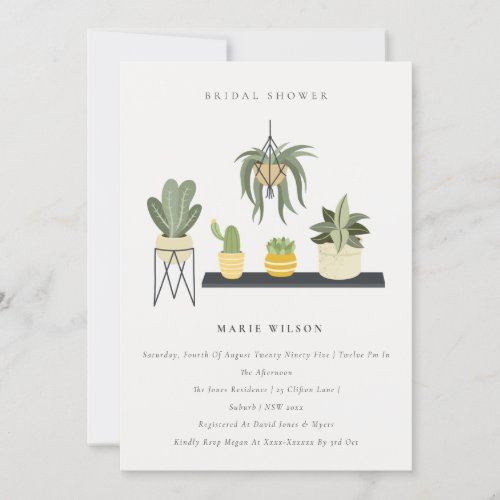 Cute Potted Leafy Succulent Plants Bridal Shower Invitation