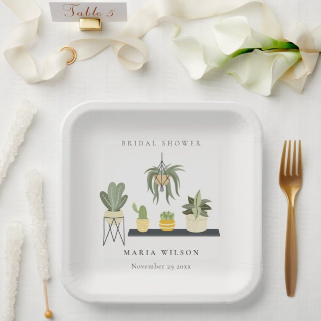 Cute Potted Leafy Succulent Plants Bridal Shower Paper Plates (Wedding)