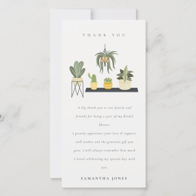 Cute Potted Leafy Succulent Plants Bridal Shower Thank You Card (Front)