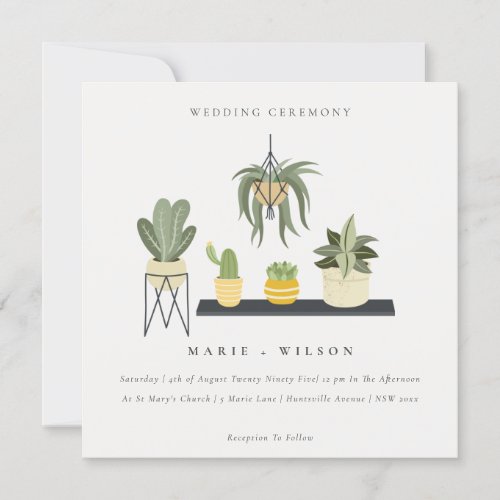 Cute Potted Leafy Succulent Plants Wedding Invitation