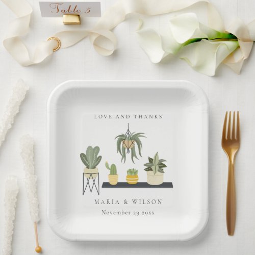 Cute Potted Leafy Succulent Plants Wedding Thanks Paper Plates