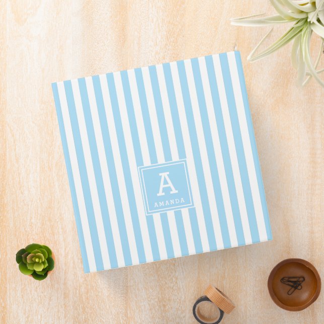 Cute Powder Blue Cabana Stripes Monogrammed 3 Ring Binder (In Situ)