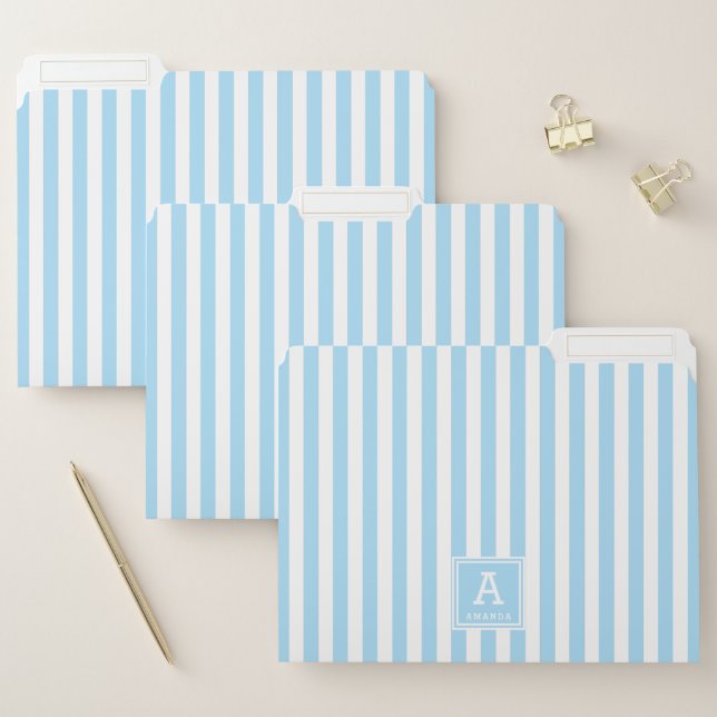Cute Powder Blue Cabana Stripes Monogrammed File Folder (Set)