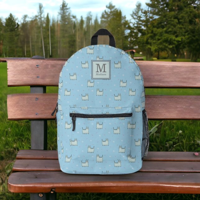 Cute Powder Blue Cats Pattern with Monogram Printed Backpack (Creator Uploaded)