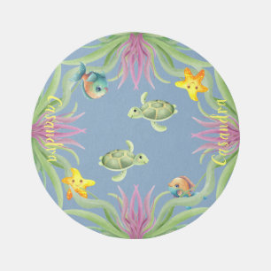 Cute Powder Blue Ocean Sea Turtle Fish Girl round  Rug