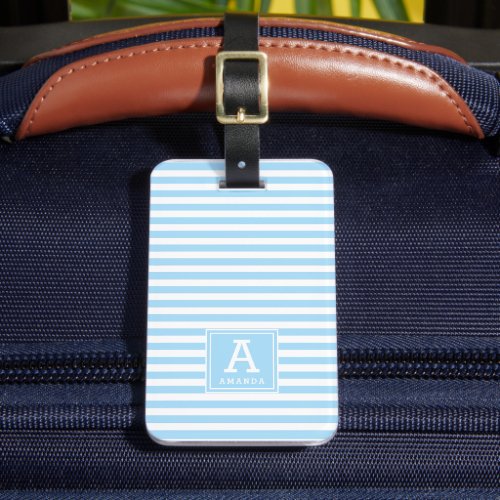 Cute Powder Blue Stripes Monogrammed Initials Luggage Tag