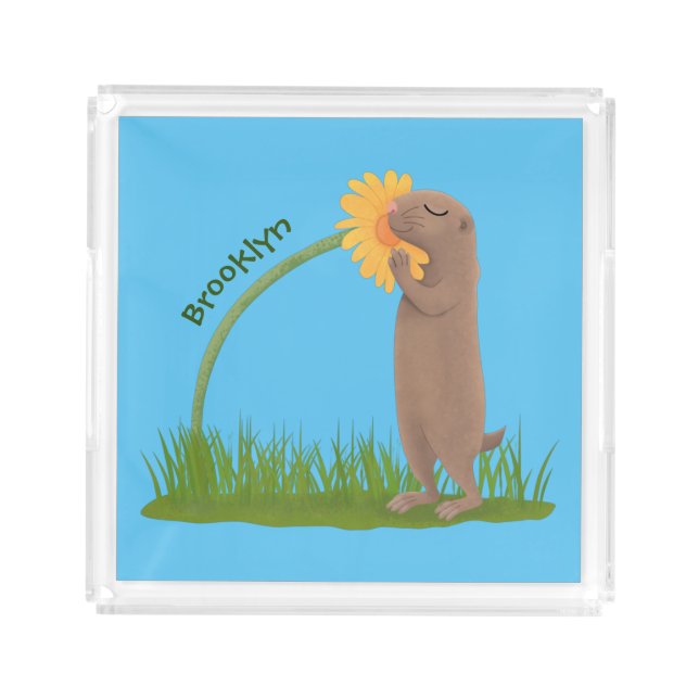 Cute prairie dog sniffing flower cartoon  acrylic tray (Front)