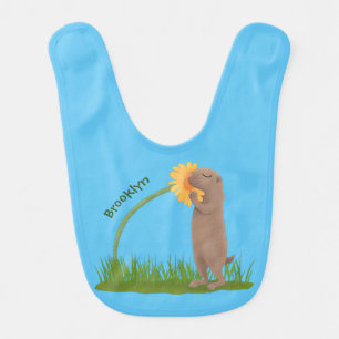 Cute prairie dog sniffing flower cartoon  baby bib