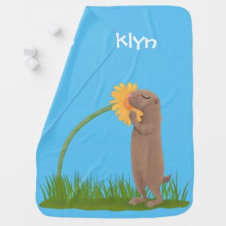 Cute prairie dog sniffing flower cartoon baby blan