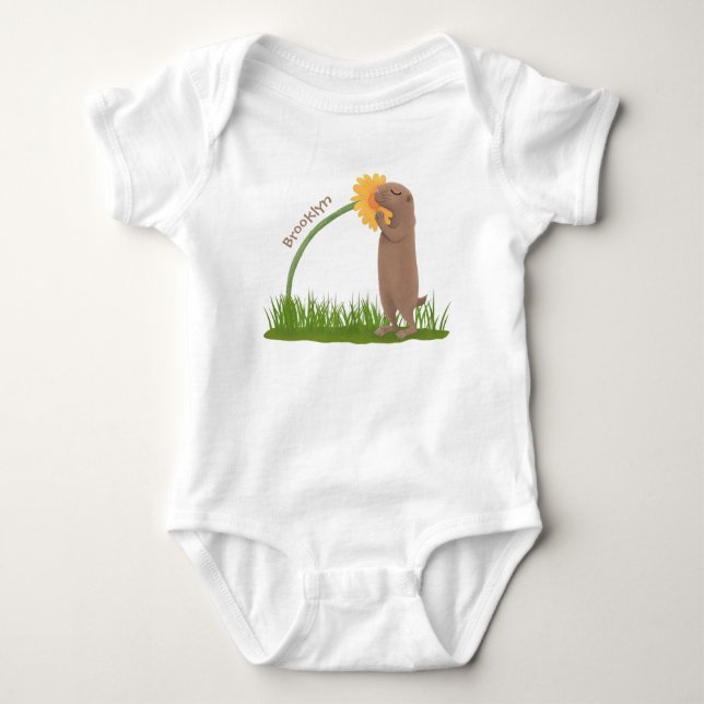 Cute prairie dog sniffing flower cartoon baby bodysuit (Front)