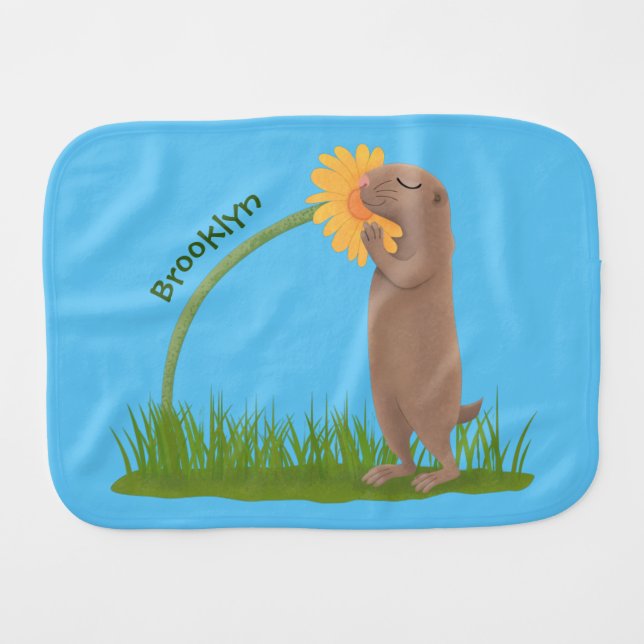 Cute prairie dog sniffing flower cartoon baby burp cloth (Front Horizontal)