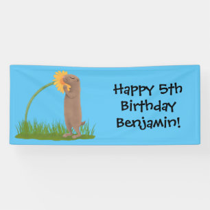 Cute prairie dog sniffing flower cartoon banner