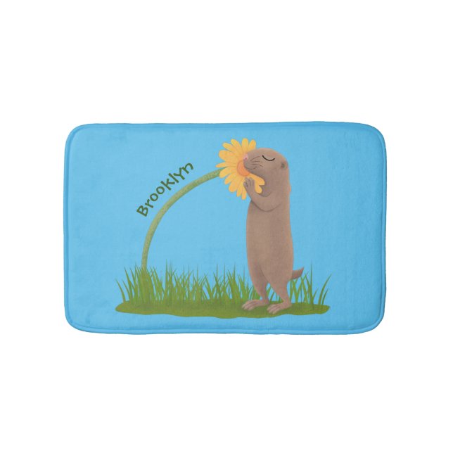 Cute prairie dog sniffing flower cartoon bath mat (Front)
