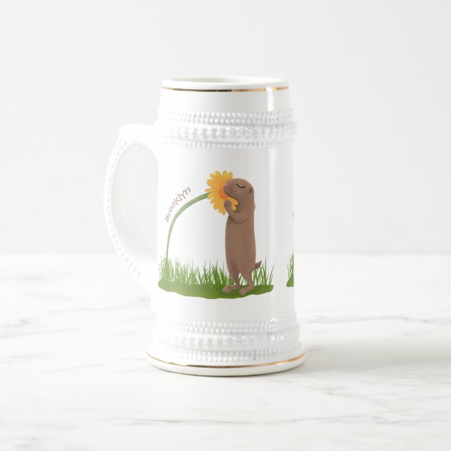 Cute prairie dog sniffing flower cartoon beer stein (Front Left)