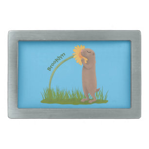 Cute prairie dog sniffing flower cartoon belt buckle