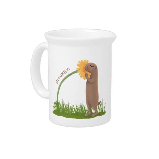 Cute prairie dog sniffing flower cartoon beverage pitcher (Left)