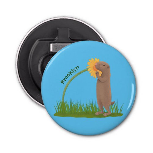 Cute prairie dog sniffing flower cartoon bottle opener