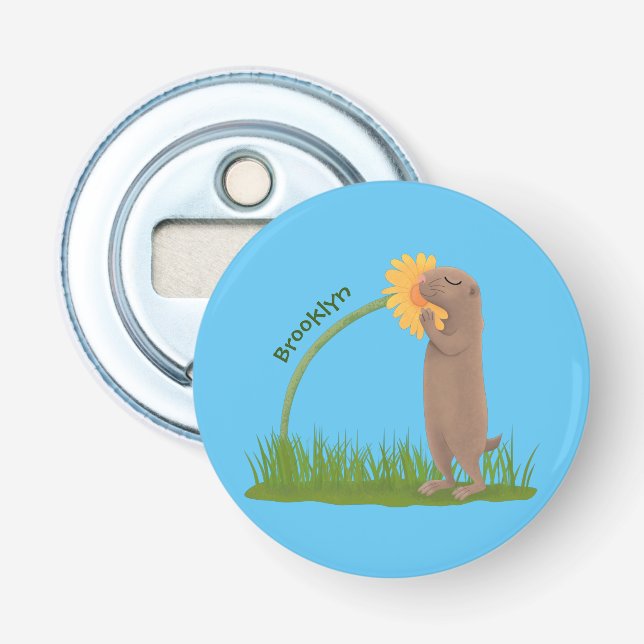 Cute prairie dog sniffing flower cartoon bottle opener (Front)