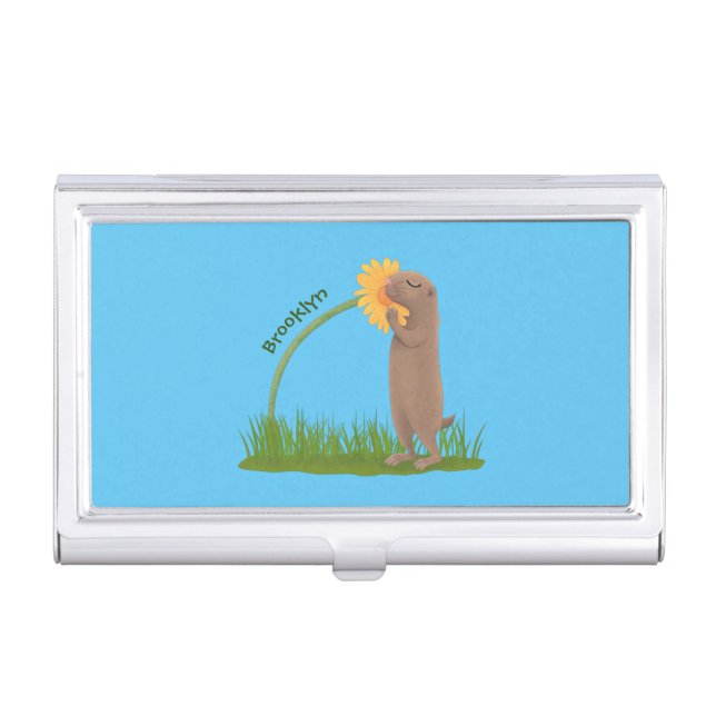Cute prairie dog sniffing flower cartoon business card case (Front)