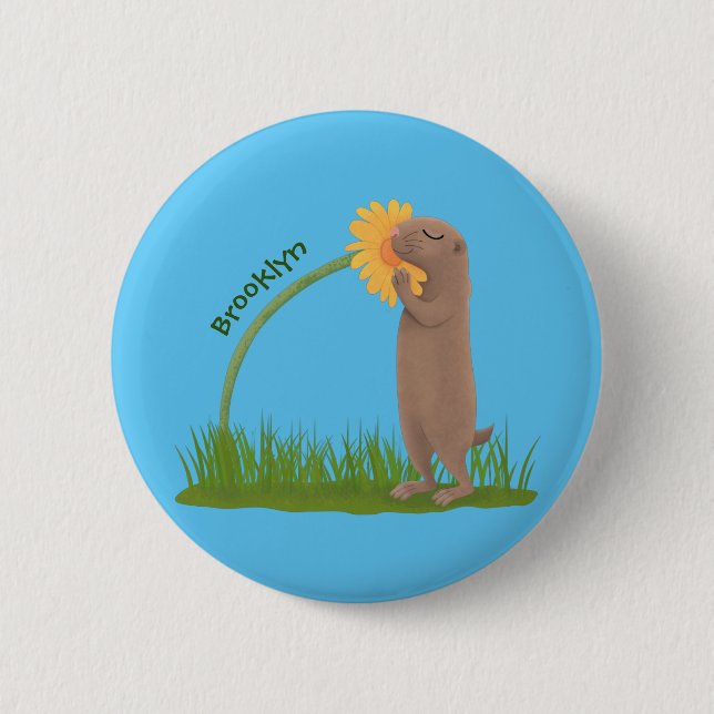Cute prairie dog sniffing flower cartoon button (Front)
