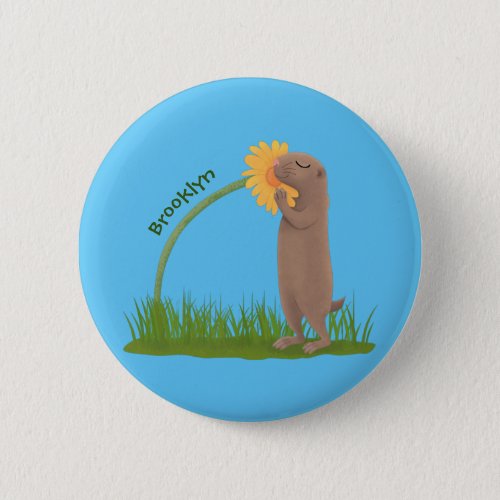 Cute prairie dog sniffing flower cartoon button