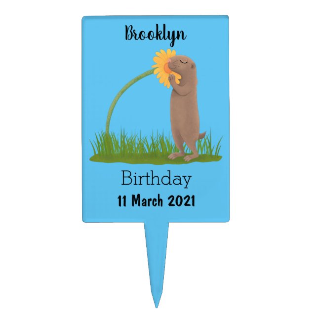 Cute prairie dog sniffing flower cartoon cake topper (Front)