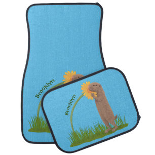 Cute prairie dog sniffing flower cartoon car floor mat