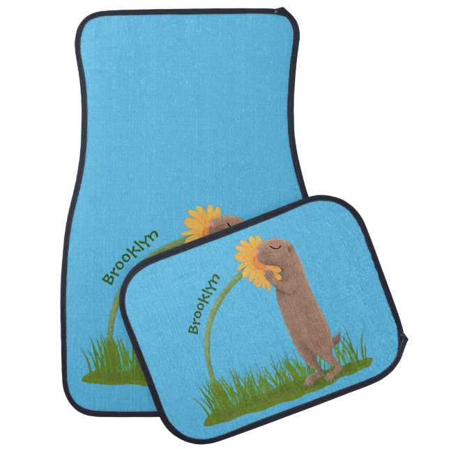 Cute prairie dog sniffing flower cartoon car floor mat (Set)