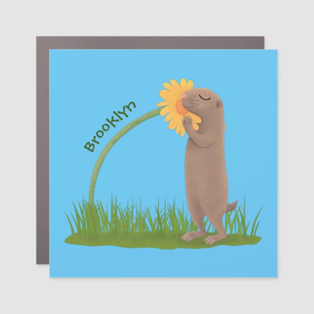 Cute prairie dog sniffing flower cartoon car magnet (Front)